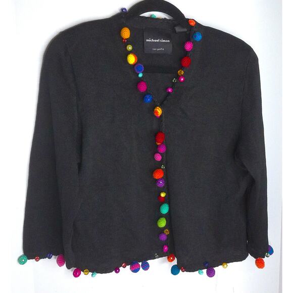Vintage Michael Simon Black Colorful Pom Pom Cardigan Sweater Size Large - Picture 8 of 8